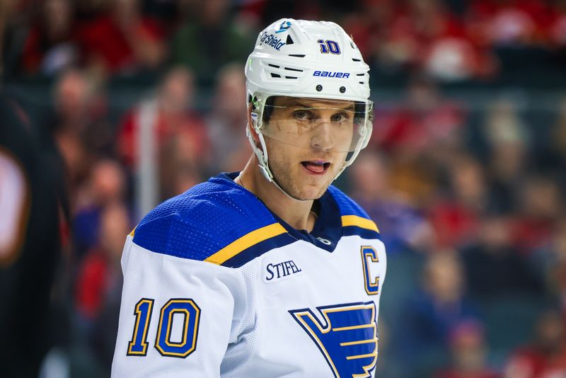 Jan 23, 2024; Calgary, Alberta, CAN; St. Louis Blues center Brayden Schenn (10) during the third period against the Calgary Flames at Scotiabank Saddledome. Mandatory Credit: Sergei Belski-USA TODAY Sports