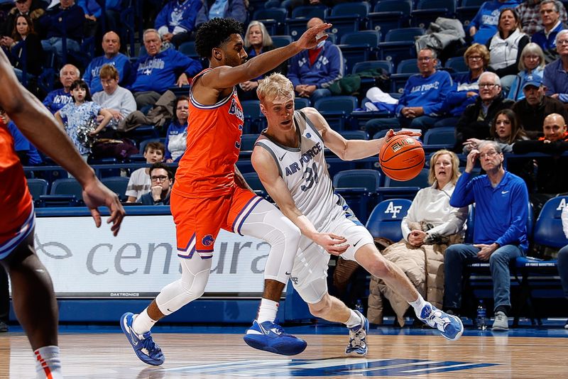 Jan 31, 2023; Colorado Springs, Colorado, USA; Air Force Falcons forward Rytis Petraitis (31) drives to the net against Boise State Broncos guard Kobe Young (3) in the second half at Clune Arena. Mandatory Credit: Isaiah J. Downing-USA TODAY Sports