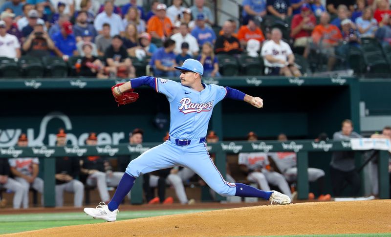 Jul 21, 2024; Arlington, Texas, USA;  Texas Rangers starting pitcher Andrew Heaney (44) throws during the first inning against the Baltimore Orioles at Globe Life Field. Mandatory Credit: Kevin Jairaj-USA TODAY Sports
