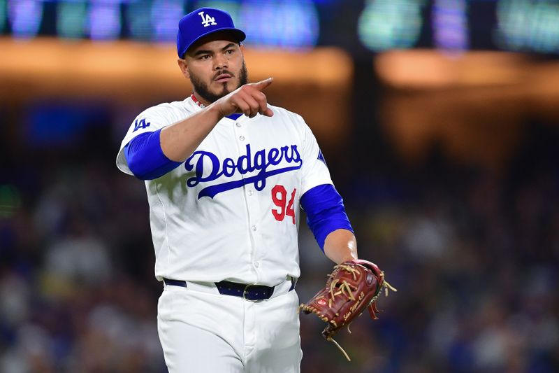 Apr 3, 2024; Los Angeles, California, USA; Los Angeles Dodgers starting pitcher Dinelson Lamet (94) calls for a strike ruling during the ninth inning at Dodger Stadium. Mandatory Credit: Gary A. Vasquez-USA TODAY Sports