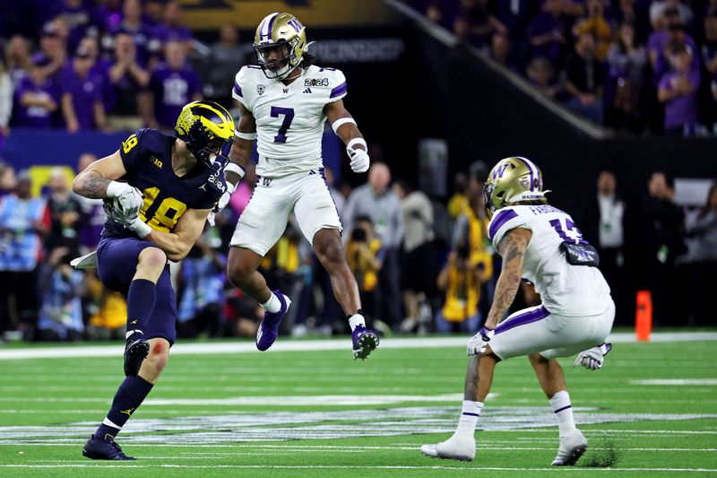 Jan 8, 2024; Houston, TX, USA; Michigan Wolverines tight end Colston Loveland (18) catches a pass against Washington Huskies cornerback Dominique Hampton (7) during the fourth quarter in the 2024 College Football Playoff national championship game at NRG Stadium. Mandatory Credit: Troy Taormina-USA TODAY Sports