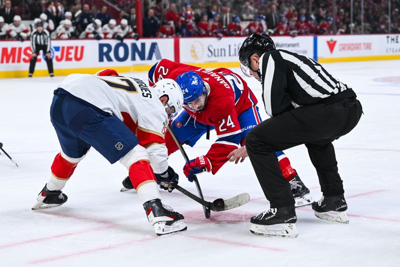 Jan 8, 2026; Montreal, Quebec, CAN; NHL linesman Michel Cormier (76) drops the puck at a face-off between Florida Panthers center Evan Rodrigues (17) and Montreal Canadiens center Phillip Danault (24) during the first period at Bell Centre. Mandatory Credit: David Kirouac-Imagn Images