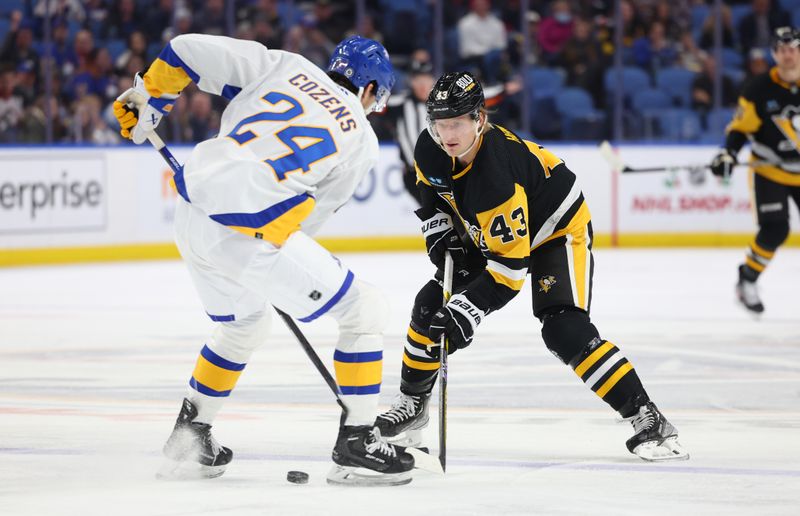 Dec 9, 2022; Buffalo, New York, USA;  Buffalo Sabres center Dylan Cozens (24) tries to block a pass by Pittsburgh Penguins left wing Danton Heinen (43) during the first period at KeyBank Center. Mandatory Credit: Timothy T. Ludwig-USA TODAY Sports