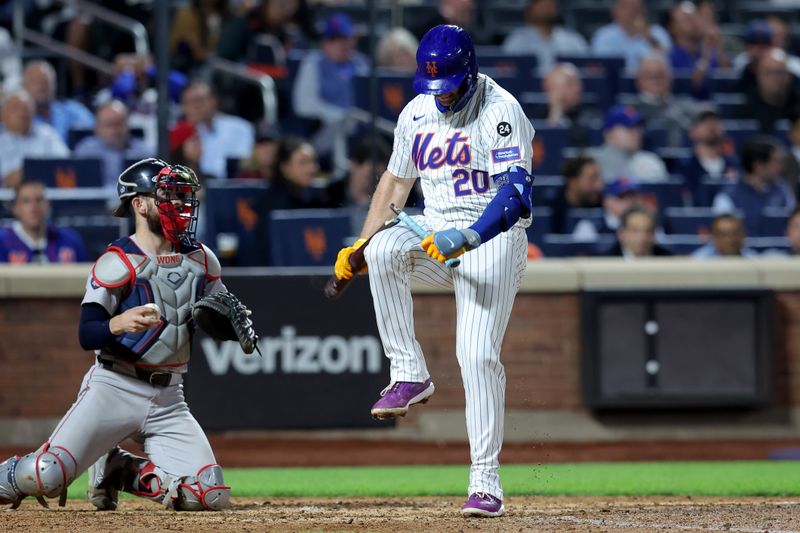 Sep 4, 2024; New York City, New York, USA; New York Mets first baseman Pete Alonso (20) breaks his bat over his leg after striking out during the eighth inning against the Boston Red Sox at Citi Field. Mandatory Credit: Brad Penner-Imagn Images