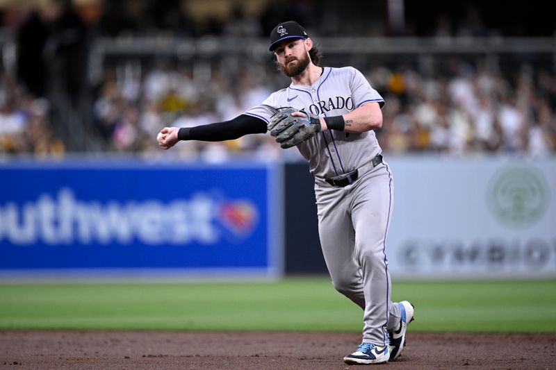 May 13, 2024; San Diego, California, USA; Colorado Rockies second baseman Brendan Rodgers (7) throws to first base on a ground out by San Diego Padres shortstop Ha-Seong Kim (not pictured) during the second inning at Petco Park. Mandatory Credit: Orlando Ramirez-USA TODAY Sports