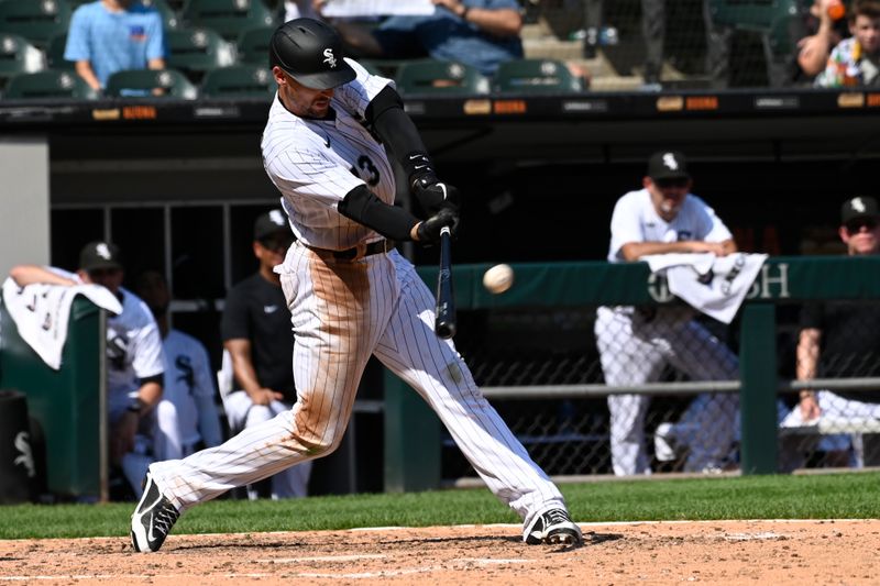 Aug 23, 2023; Chicago, Illinois, USA;  Chicago White Sox center fielder Trayce Thompson (43) hits a two run home run against the Seattle Mariners during the sixth inning at Guaranteed Rate Field. Mandatory Credit: Matt Marton-USA TODAY Sports