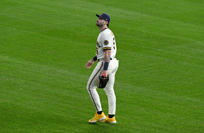 Sep 28, 2023; Milwaukee, Wisconsin, USA; Milwaukee Brewers outfielder Garrett Mitchell (5) returns to the line up against the St. Louis Cardinals at American Family Field. Mandatory Credit: Michael McLoone-USA TODAY Sports