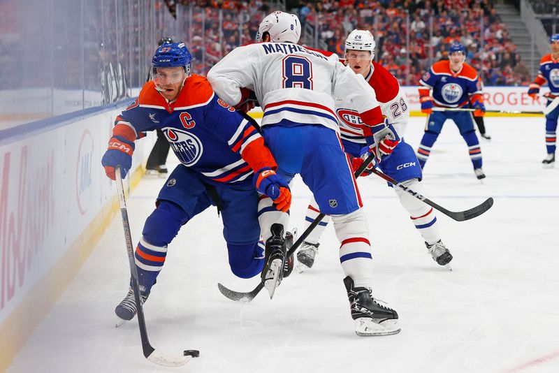 Mar 6, 2025; Edmonton, Alberta, CAN; Edmonton Oilers forward Connor McDavid (97) slips by a check from Montreal Canadiens defensemen Mike Matheson (8) during the first period at Rogers Place. Mandatory Credit: Perry Nelson-Imagn Images