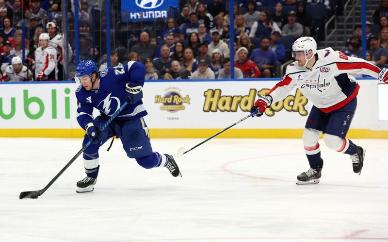 Nov 27, 2024; Tampa, Florida, USA; Tampa Bay Lightning center Brayden Point (21) skates with the puck against the Washington Capitals during the third period at Amalie Arena. Mandatory Credit: Kim Klement Neitzel-Imagn Images