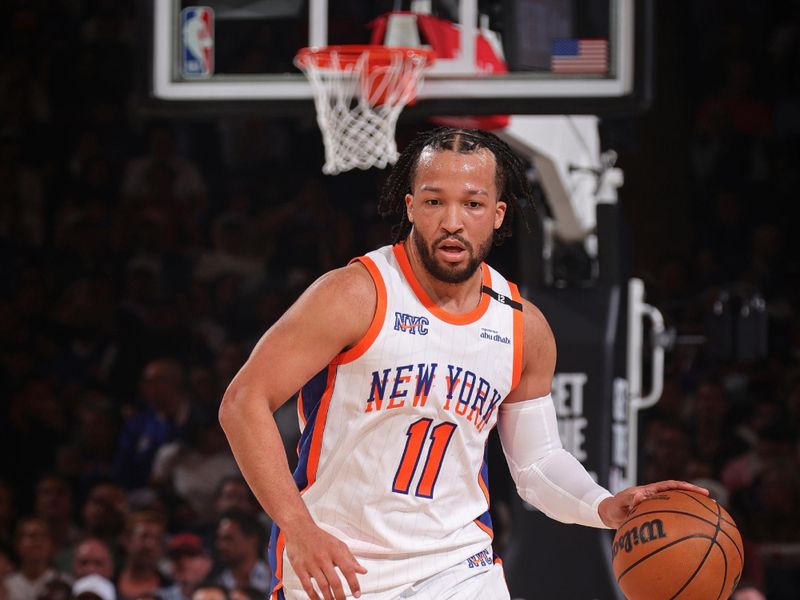 NEW YORK, NY - APRIL 29:  Jalen Brunson #11 of the New York Knicks dribbles the ball during the game against the Detroit Pistons during Round 1 Game 5 of the 2025 NBA Playoffs on April 29, 2025 at Madison Square Garden in New York City, New York.  NOTE TO USER: User expressly acknowledges and agrees that, by downloading and or using this photograph, User is consenting to the terms and conditions of the Getty Images License Agreement. Mandatory Copyright Notice: Copyright 2025 NBAE  (Photo by Nathaniel S. Butler/NBAE via Getty Images)