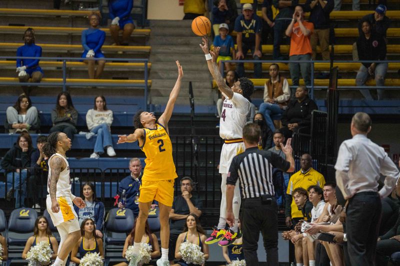 Feb 11, 2023; Berkeley, California, USA; Arizona State Sun Devils guard Desmond Cambridge Jr. (4) shoots a three point basket against California Golden Bears forward Monty Bowser (2) during overtime period at Haas Pavilion. Mandatory Credit: Neville E. Guard-USA TODAY Sports