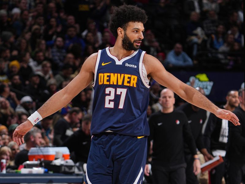 DENVER, CO - FEBRUARY 12:  Jamal Murray #27 of the Denver Nuggets looks on during the game against the Portland Trail Blazers on February 12, 2025 at Ball Arena in Denver, Colorado. NOTE TO USER: User expressly acknowledges and agrees that, by downloading and/or using this Photograph, user is consenting to the terms and conditions of the Getty Images License Agreement. Mandatory Copyright Notice: Copyright 2025 NBAE (Photo by Garrett Ellwood/NBAE via Getty Images)