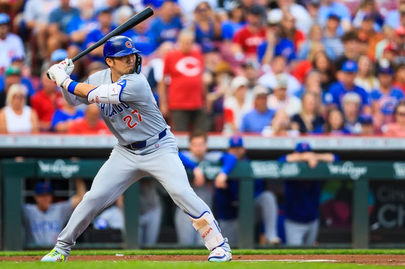 Sep 19, 2025; Cincinnati, Ohio, USA; Chicago Cubs outfielder Seiya Suzuki (27) at bat in the first inning against the Cincinnati Reds at Great American Ball Park. Mandatory Credit: Katie Stratman-Imagn Images