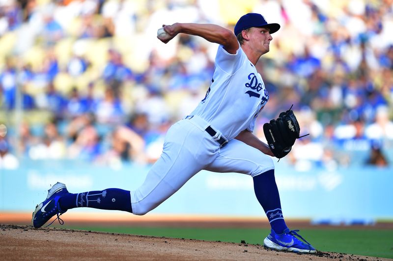 Jul 29, 2023; Los Angeles, California, USA; Los Angeles Dodgers starting pitcher Emmet Sheehan (80) throws against the Cincinnati Reds during the first inning at Dodger Stadium. Mandatory Credit: Gary A. Vasquez-USA TODAY Sports