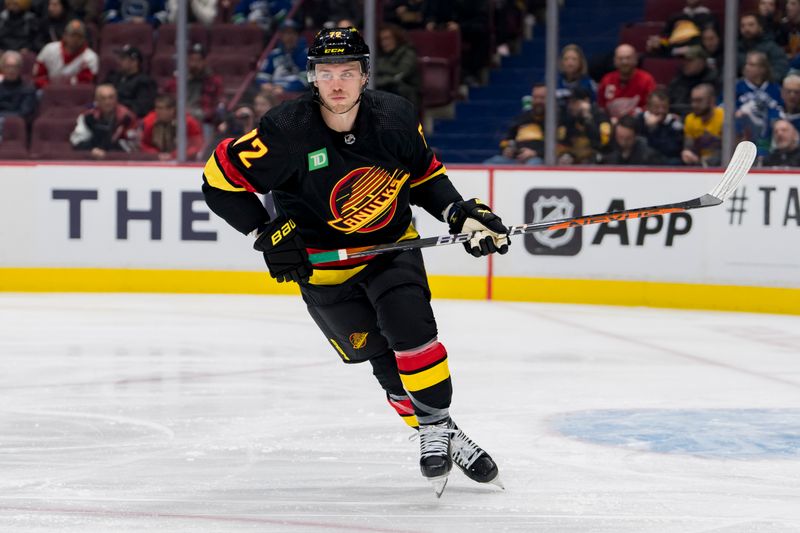 Feb 13, 2023; Vancouver, British Columbia, CAN; Vancouver Canucks forward Anthony Beauvillier (72) skates against the Detroit Red Wings in the first period at Rogers Arena. Mandatory Credit: Bob Frid-USA TODAY Sports