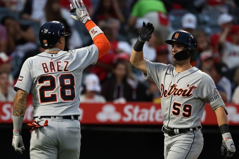 Sep 16, 2023; Anaheim, California, USA;  Detroit Tigers second baseman Zack Short (59) is greeted by shortstop Javier Baez (28) after hitting a three-run home run during the second inning against the Los Angeles Angels at Angel Stadium. Mandatory Credit: Kiyoshi Mio-USA TODAY Sports