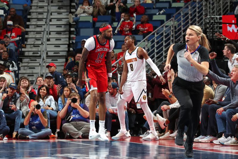 NEW ORLEANS, LA - NOVEMBER 15: Brandon Ingram #14 of the New Orleans Pelicans celebrates during the game against the Denver Nuggets during the Emirates NBA Cup game on November 15, 2024 at the Smoothie King Center in New Orleans, Louisiana. NOTE TO USER: User expressly acknowledges and agrees that, by downloading and or using this Photograph, user is consenting to the terms and conditions of the Getty Images License Agreement. Mandatory Copyright Notice: Copyright 2024 NBAE (Photo by Layne Murdoch Jr./NBAE via Getty Images)