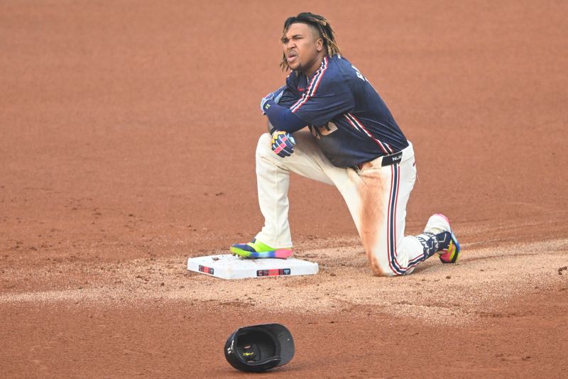 Jun 6, 2025; Cleveland, Ohio, USA; Cleveland Guardians third baseman Jose Ramirez (11) reacts after he was tagged out trying to stretch a single in the first inning against the Houston Astros at Progressive Field. Mandatory Credit: David Richard-Imagn Images