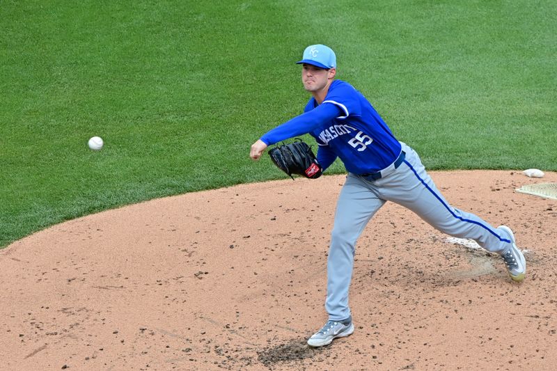 Mar 12, 2024; Salt River Pima-Maricopa, Arizona, USA;  Kansas City Royals pitcher Cole Ragans (55) throws in the third inning against the Colorado Rockies during a spring training game at Salt River Fields at Talking Stick. Mandatory Credit: Matt Kartozian-USA TODAY Sports