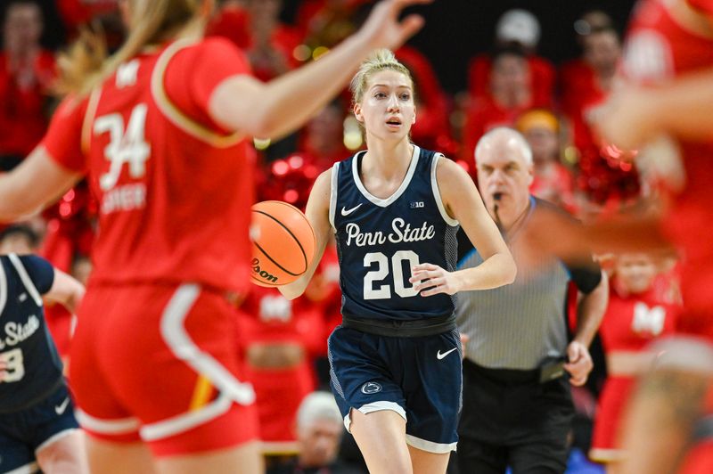 Feb 18, 2024; College Park, Maryland, USA;  Penn State Nittany Lions guard Makenna Marisa (20) dribbles up the court during the first half against the Maryland Terrapins at Xfinity Center. Mandatory Credit: Tommy Gilligan-USA TODAY Sports