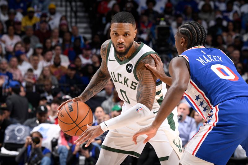 PHILADELPHIA, PA - OCTOBER 23: Damian Lillard #0 of the Milwaukee Bucks dribbles the ball during the game against the Philadelphia 76ers on October 23, 2024 at the Wells Fargo Center in Philadelphia, Pennsylvania NOTE TO USER: User expressly acknowledges and agrees that, by downloading and/or using this Photograph, user is consenting to the terms and conditions of the Getty Images License Agreement. Mandatory Copyright Notice: Copyright 2024 NBAE (Photo by David Dow/NBAE via Getty Images)