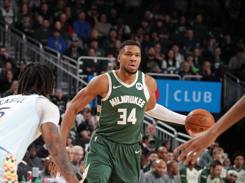 MILWAUKEE, WI - JANUARY 8: Giannis Antetokounmpo #34 of the Milwaukee Bucks looks on during the game against the San Antonio Spurs on January 8, 2025 at the Fiserv Forum Center in Milwaukee, Wisconsin. NOTE TO USER: User expressly acknowledges and agrees that, by downloading and or using this Photograph, user is consenting to the terms and conditions of the Getty Images License Agreement. Mandatory Copyright Notice: Copyright 2025 NBAE (Photo by Gary Dineen/NBAE via Getty Images).