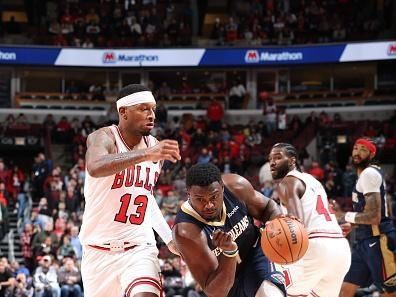 CHICAGO, IL - DECEMBER 2: Zion Williamson #1 of the New Orleans Pelicans drives to the basket during the game against the Chicago Bulls on December 2, 2023 at United Center in Chicago, Illinois. NOTE TO USER: User expressly acknowledges and agrees that, by downloading and or using this photograph, User is consenting to the terms and conditions of the Getty Images License Agreement. Mandatory Copyright Notice: Copyright 2023 NBAE (Photo by Jeff Haynes/NBAE via Getty Images)