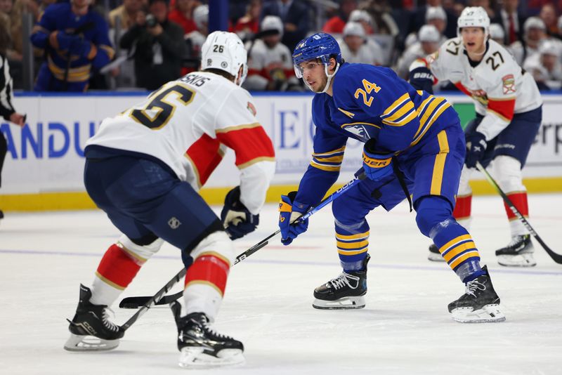 Oct 28, 2024; Buffalo, New York, USA;  Buffalo Sabres center Dylan Cozens (24) looks to take a shot on goal during the second period against the Florida Panthers at KeyBank Center. Mandatory Credit: Timothy T. Ludwig-Imagn Images