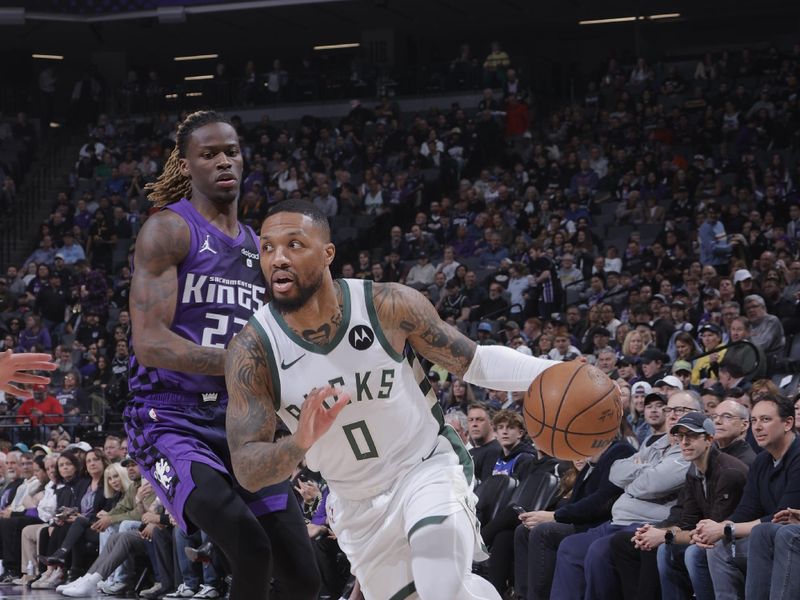 SACRAMENTO, CA - MARCH 12: Damian Lillard #0 of the Milwaukee Bucks drives to the basket during the game against the Sacramento Kings on March 12, 2024 at Golden 1 Center in Sacramento, California. NOTE TO USER: User expressly acknowledges and agrees that, by downloading and or using this Photograph, user is consenting to the terms and conditions of the Getty Images License Agreement. Mandatory Copyright Notice: Copyright 2024 NBAE (Photo by Rocky Widner/NBAE via Getty Images)