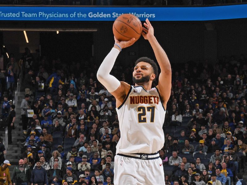SAN FRANCISCO, CA - JANUARY 4: Jamal Murray #27 of the Denver Nuggets shoots the ball during the game against the Golden State Warriors on January 4, 2024 at Chase Center in San Francisco, California. NOTE TO USER: User expressly acknowledges and agrees that, by downloading and or using this photograph, user is consenting to the terms and conditions of Getty Images License Agreement. Mandatory Copyright Notice: Copyright 2024 NBAE (Photo by Noah Graham/NBAE via Getty Images)