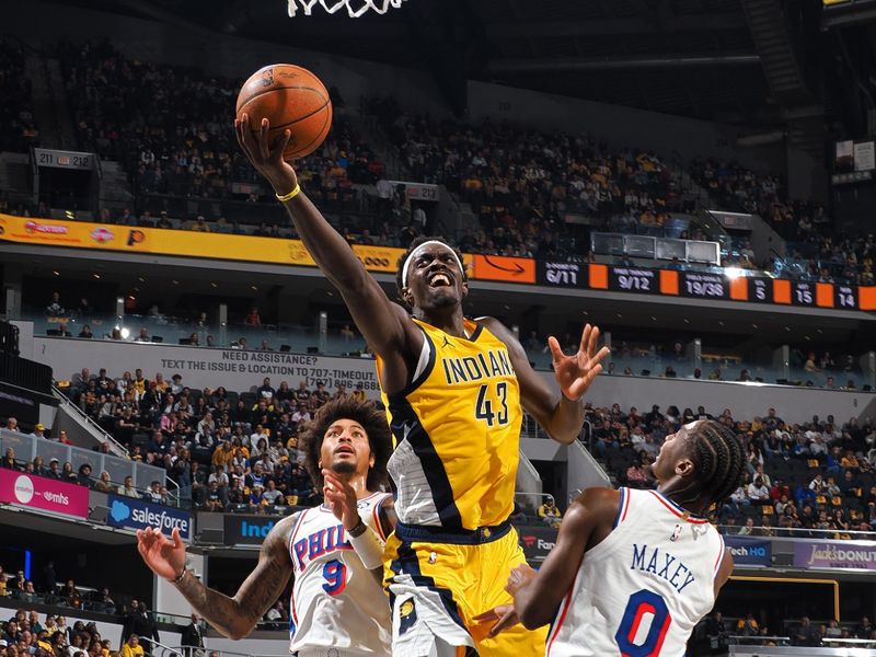 INDIANAPOLIS, IN - OCTOBER 27: Pascal Siakam #43 of the Indiana Pacers drives to the basket during the game against the Philadelphia 76ers on October 27, 2024 at Gainbridge Fieldhouse in Indianapolis, Indiana. NOTE TO USER: User expressly acknowledges and agrees that, by downloading and or using this Photograph, user is consenting to the terms and conditions of the Getty Images License Agreement. Mandatory Copyright Notice: Copyright 2024 NBAE (Photo by Ron Hoskins/NBAE via Getty Images)
