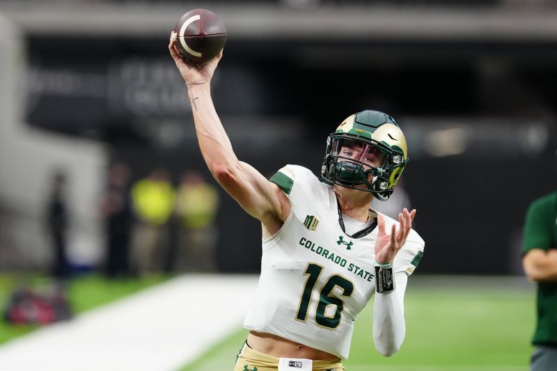 Oct 21, 2023; Paradise, Nevada, USA; Colorado State Rams quarterback Brayden Fowler-Nicolosi (16) warms up before a game against the UNLV Rebels at Allegiant Stadium. Mandatory Credit: Stephen R. Sylvanie-USA TODAY Sports