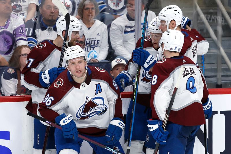 Apr 30, 2024; Winnipeg, Manitoba, CAN; Colorado Avalanche right wing Mikko Rantanen (96) celebrates his third period goal against the Winnipeg Jets in game five of the first round of the 2024 Stanley Cup Playoffs at Canada Life Centre. Mandatory Credit: James Carey Lauder-USA TODAY Sports