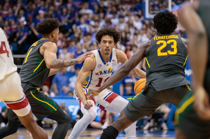 Feb 18, 2023; Lawrence, Kansas, USA; Kansas Jayhawks forward Jalen Wilson (10) looks for an opening during the second half against the Baylor Bears at Allen Fieldhouse. Mandatory Credit: William Purnell-USA TODAY Sports