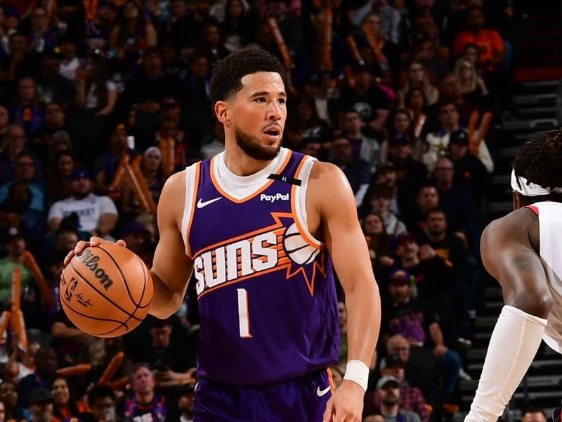 PHOENIX, AZ - NOVEMBER 2: Devin Booker #1 of the Phoenix Suns handles the ball during the game against the Portland Trail Blazers on November 2, 2024 at Footprint Center in Phoenix, Arizona. NOTE TO USER: User expressly acknowledges and agrees that, by downloading and or using this photograph, user is consenting to the terms and conditions of the Getty Images License Agreement. Mandatory Copyright Notice: Copyright 2024 NBAE (Photo by Kate Frese/NBAE via Getty Images)