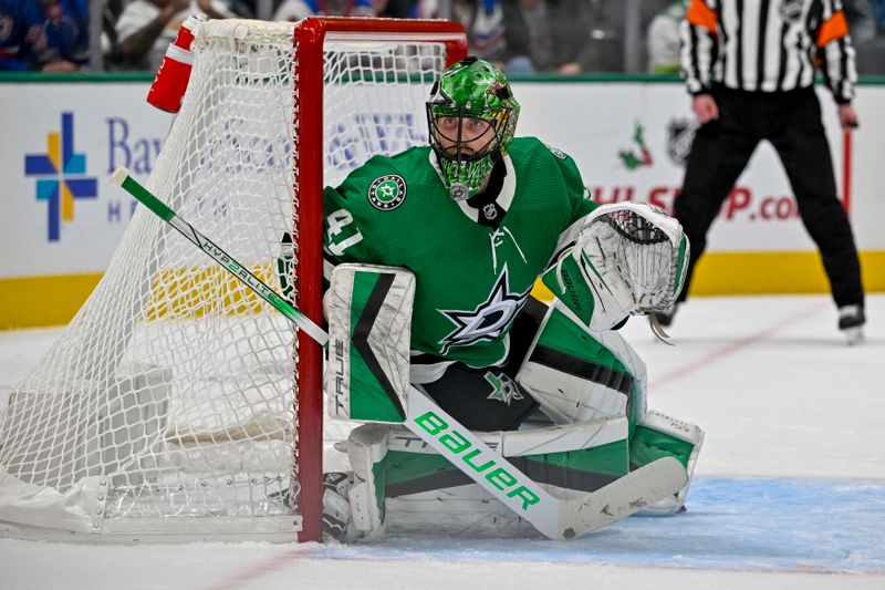 Nov 20, 2023; Dallas, Texas, USA; Dallas Stars goaltender Scott Wedgewood (41) faces the New York Rangers attack during the third period at the American Airlines Center. Mandatory Credit: Jerome Miron-USA TODAY Sports