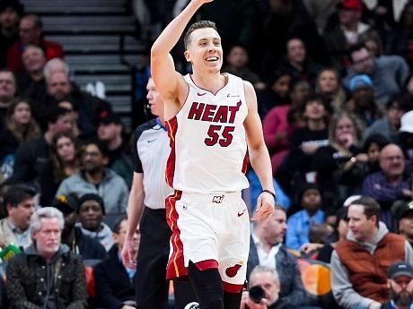 TORONTO, ON - DECEMBER 6: Duncan Robinson #55 of the Miami Heat celebrates against the Toronto Raptors during the second half of their basketball game at the Scotiabank Arena on December 6, 2023 in Toronto, Ontario, Canada. NOTE TO USER: User expressly acknowledges and agrees that, by downloading and/or using this Photograph, user is consenting to the terms and conditions of the Getty Images License Agreement. (Photo by Mark Blinch/Getty Images)