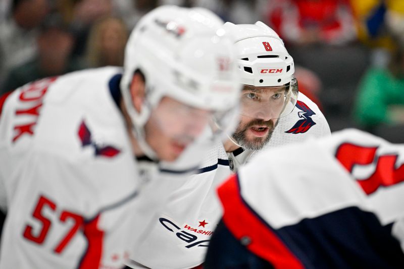 Jan 27, 2024; Dallas, Texas, USA; Washington Capitals left wing Alex Ovechkin (8) waits for the face-off against the Dallas Stars during the second period at the American Airlines Center. Mandatory Credit: Jerome Miron-USA TODAY Sports