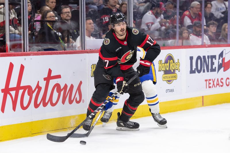 Sep 26, 2024; Ottawa, Ontario, CAN; Ottawa Senators right wing Zack MacEwen (17 controls the puck in the first period against the Buffalo Sabres at the Canadian Tire Centre. Mandatory Credit: Marc DesRosiers-Imagn Images