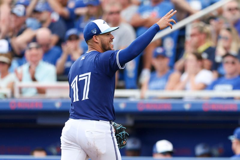 Mar 12, 2024; Dunedin, Florida, USA;  Toronto Blue Jays starting pitcher Jose Berrios (17) leaves the game against the New York Yankees in the fourth inning at TD Ballpark. Mandatory Credit: Nathan Ray Seebeck-USA TODAY Sports