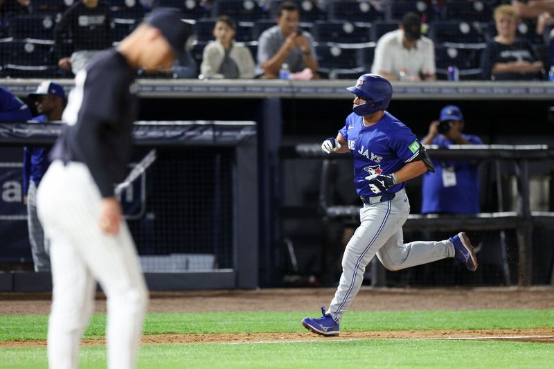 Mar 1, 2024; Tampa, Florida, USA;  Toronto Blue Jays center baseman Davis Schneider (36) runs the bases after hitting a home run off of New York Yankees starting pitcher Luke Weaver (30) in the fifth inning at George M. Steinbrenner Field. Mandatory Credit: Nathan Ray Seebeck-USA TODAY Sports