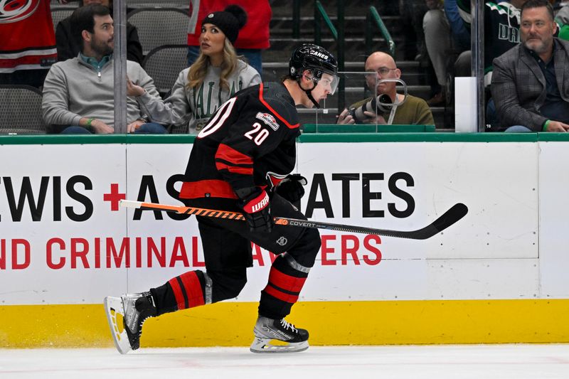 Jan 25, 2023; Dallas, Texas, USA; Carolina Hurricanes center Sebastian Aho (20) celebrates after he scores a shorthanded goal against Dallas Stars goaltender Jake Oettinger (not pictured) during the first period at the American Airlines Center. Mandatory Credit: Jerome Miron-USA TODAY Sports