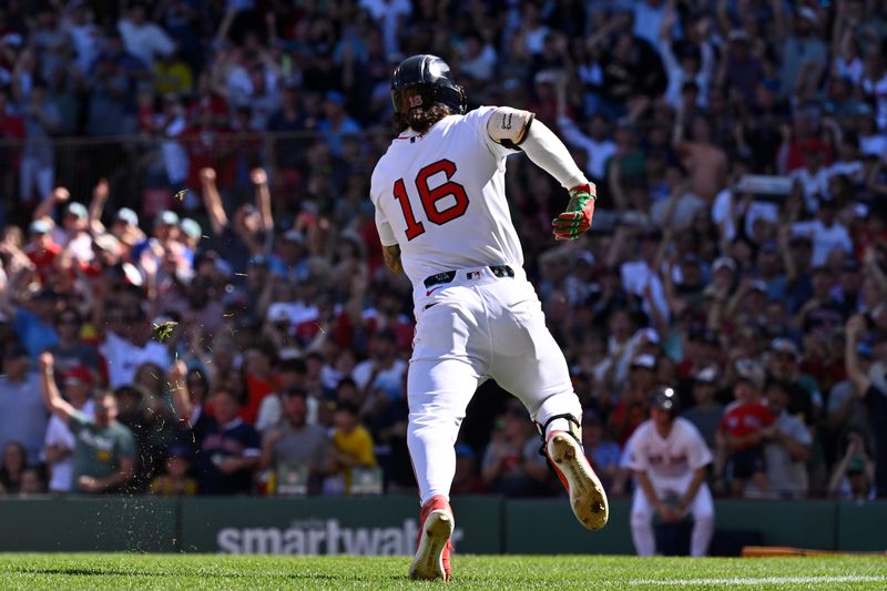 Aug 31, 2025; Boston, Massachusetts, USA; Boston Red Sox left fielder Jarren Duran (16) runs for home plate after hitting a two run inside the park home run against the Pittsburgh Pirates during the fifth inning at Fenway Park. Mandatory Credit: Eric Canha-Imagn Images
