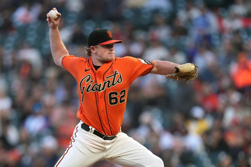 Aug 25, 2023; San Francisco, California, USA; San Francisco Giants starting pitcher Logan Webb (62) throws a pitch against the Atlanta Braves during the first inning at Oracle Park. Mandatory Credit: Darren Yamashita-USA TODAY Sports