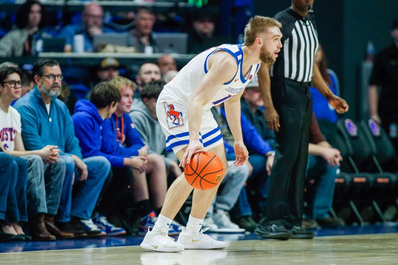 Jan 9, 2024; Boise, Idaho, USA; Boise State Broncos guard Jace Whiting (15) dribbles the ball up court during the first half against the Colorado State Rams at ExtraMile Arena. Mandatory Credit: Brian Losness-USA TODAY Sports