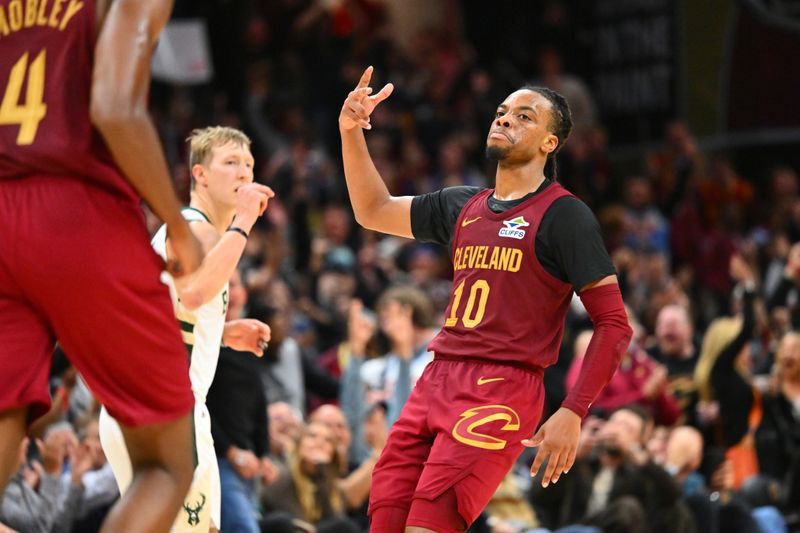 CLEVELAND, OHIO - NOVEMBER 04: Darius Garland #10 of the Cleveland Cavaliers celebrates after scoring during the fourth quarter against the Milwaukee Bucks at Rocket Mortgage Fieldhouse on November 04, 2024 in Cleveland, Ohio. The Cavaliers defeated the Bucks 116-114. NOTE TO USER: User expressly acknowledges and agrees that, by downloading and or using this photograph, User is consenting to the terms and conditions of the Getty Images License Agreement. (Photo by Jason Miller/Getty Images)