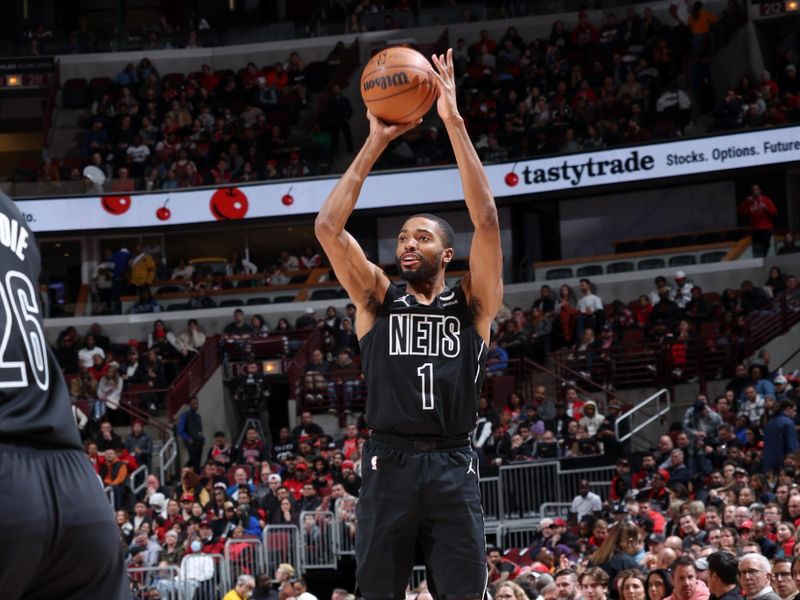 CHICAGO, IL - FEBRUARY 24: Mikal Bridges #1 of the Brooklyn Nets shoots a three point basket during the game against the Chicago Bulls on February 24, 2023 at United Center in Chicago, Illinois. NOTE TO USER: User expressly acknowledges and agrees that, by downloading and or using this photograph, User is consenting to the terms and conditions of the Getty Images License Agreement. Mandatory Copyright Notice: Copyright 2023 NBAE (Photo by Jeff Haynes/NBAE via Getty Images)