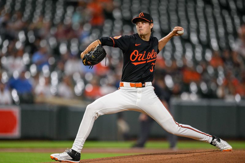 Jul 29, 2024; Baltimore, Maryland, USA; Baltimore Orioles pitcher Cade Povich (37) throws a pitch during the first inning against the Toronto Blue Jays at Oriole Park at Camden Yards. Mandatory Credit: Reggie Hildred-USA TODAY Sports