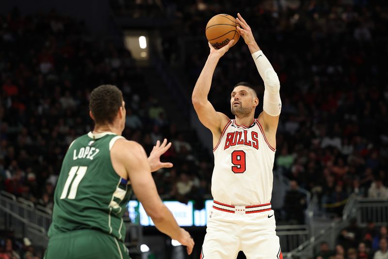 MILWAUKEE, WISCONSIN - NOVEMBER 20: Nikola Vucevic #9 of the Chicago Bulls \so Brook Lopez #11 of the Milwaukee Bucks during the first half of a game at Fiserv Forum on November 20, 2024 in Milwaukee, Wisconsin. NOTE TO USER: User expressly acknowledges and agrees that, by downloading and or using this photograph, User is consenting to the terms and conditions of the Getty Images License Agreement. (Photo by Stacy Revere/Getty Images)