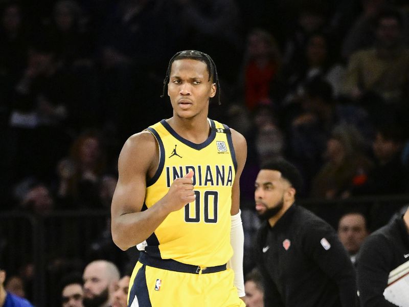 NEW YORK, NEW YORK - FEBRUARY 10:  Bennedict Mathurin #00 of the Indiana Pacers celebrates a basket against the New York Knicks during the second half at Madison Square Garden on February 10, 2024 in New York City. NOTE TO USER: User expressly acknowledges and agrees that, by downloading and or using this photograph, User is consenting to the terms and conditions of the Getty Images License Agreement. (Photo by Steven Ryan/Getty Images)